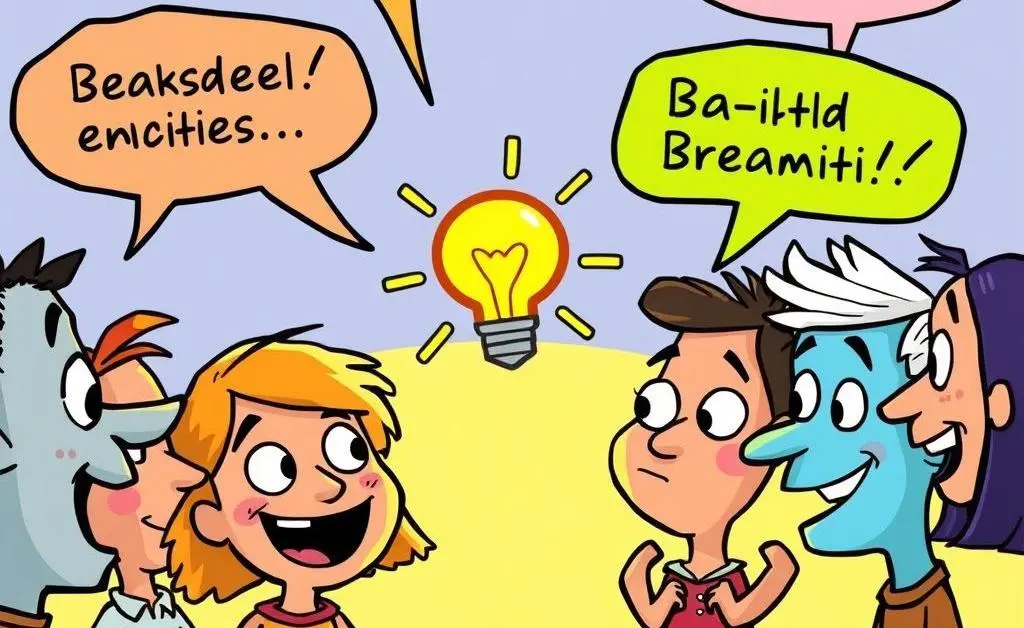 Cartoon people having a discussion with dialogue bubbles, one with a lightbulb representing an idea.
