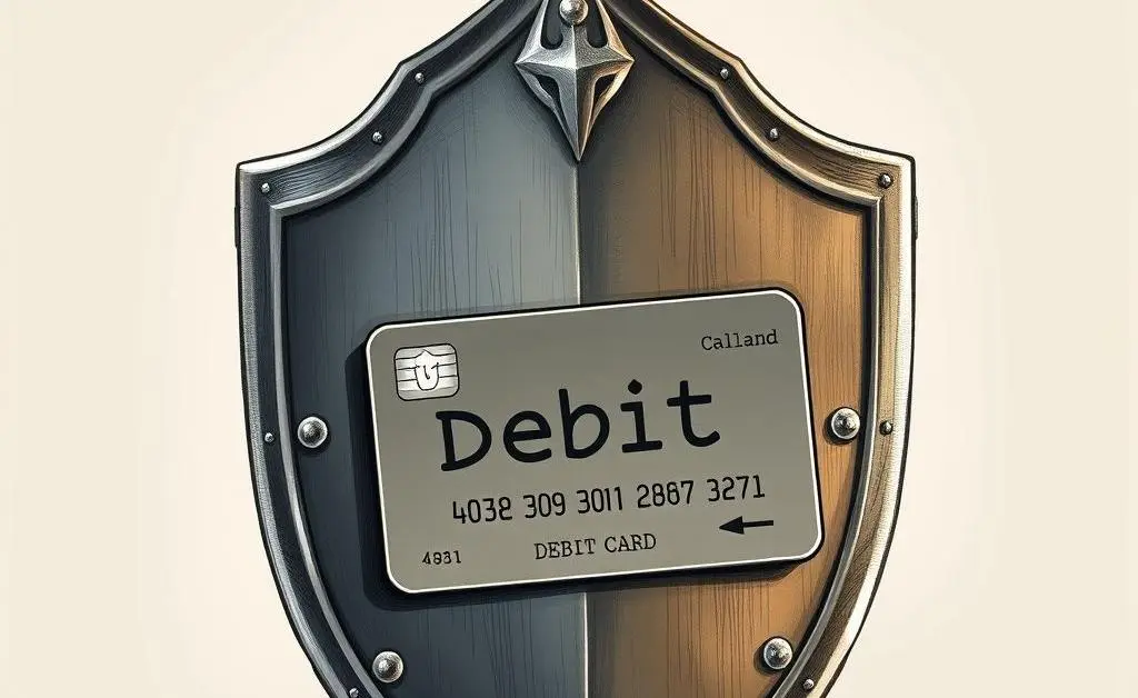 A hand-drawn image of a shield protecting a debit card, symbolizing security measures.