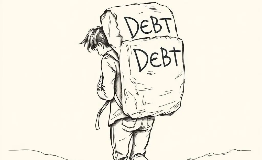 A person carrying a large backpack labeled 'Debt'