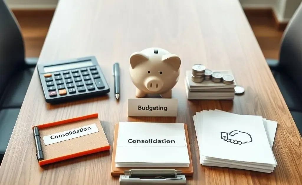 A toolkit laid out on a table with tools labeled as budgeting, saving, consolidation, and negotiation.