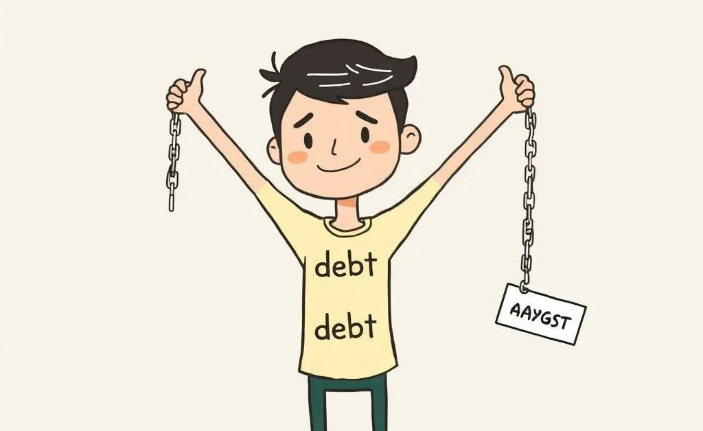 A minimalist cartoon depicting someone confidently breaking free from chains labeled 'debt'.