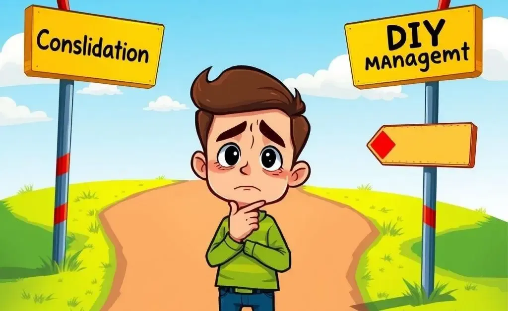 Person at a financial crossroads contemplating debt consolidation