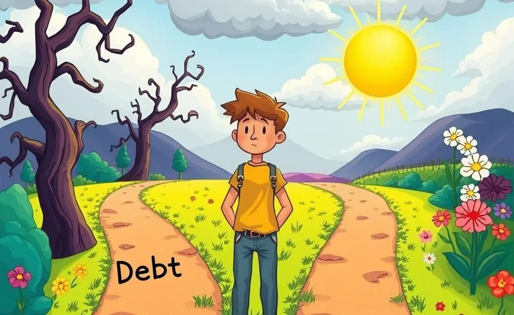 A cartoon of a person standing at a fork in the road, labeled 'Debt' and 'Freedom'.