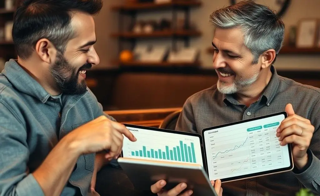 Two friends discussing a budget over coffee