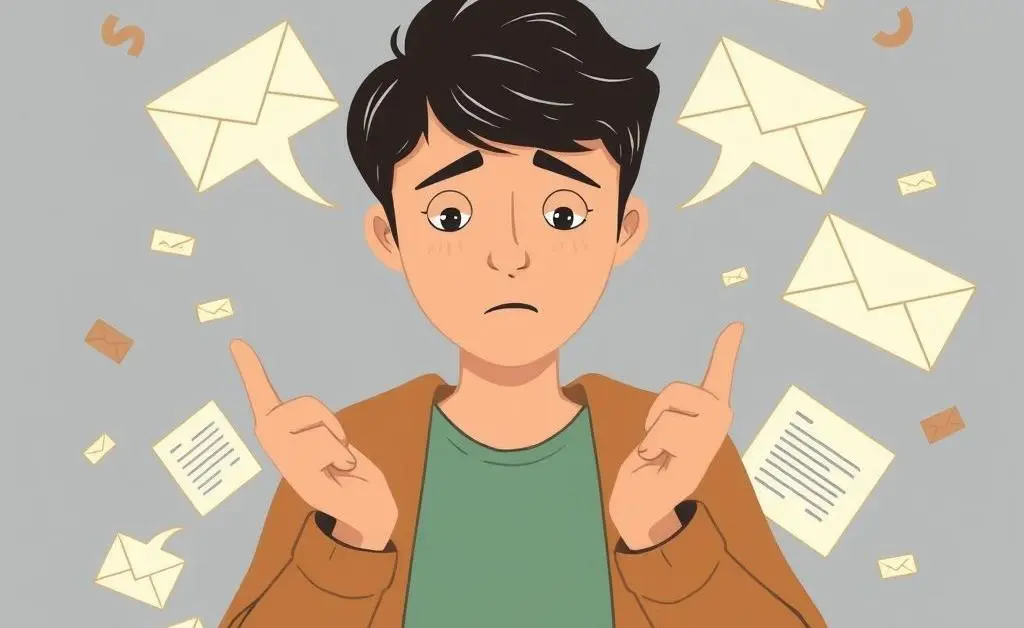 Illustrated scene showing a person controlling emotions, surrounded by symbols of debt, such as letters and bills.