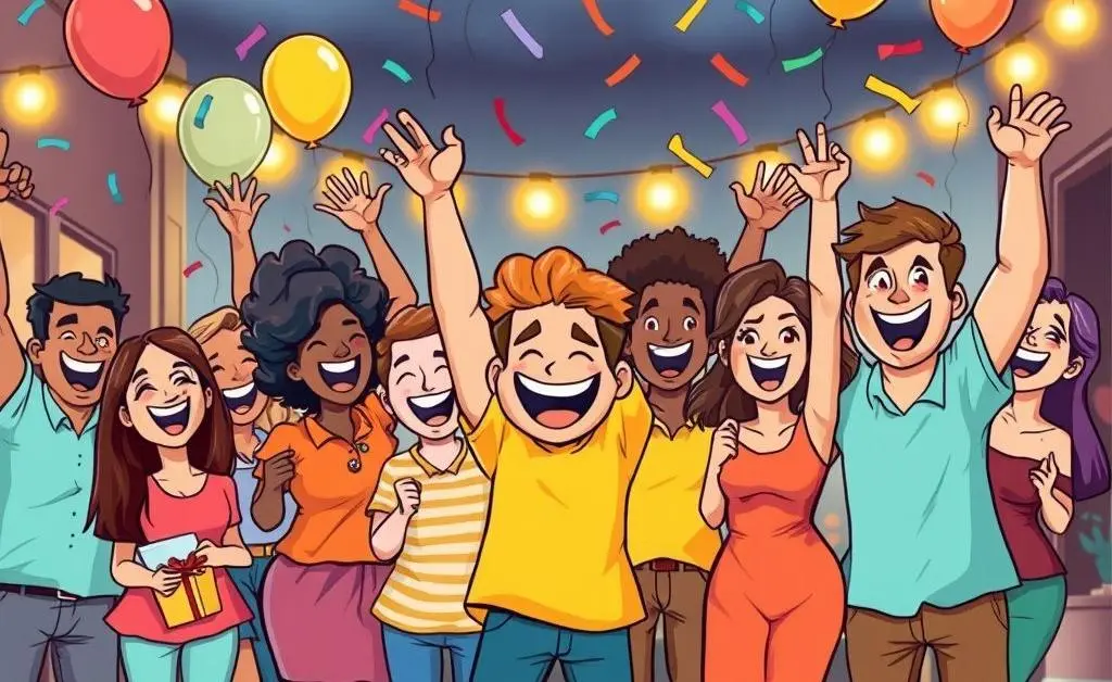 Cartoon-style image of people celebrating their debt-free status, with confetti.