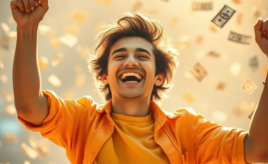 A happy person celebrating being debt-free against a backdrop of falling dollar bills