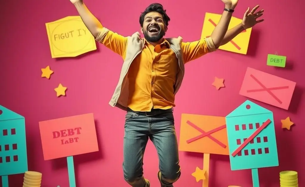A person jumping joyfully with paper cutouts of debt crossed out in the background