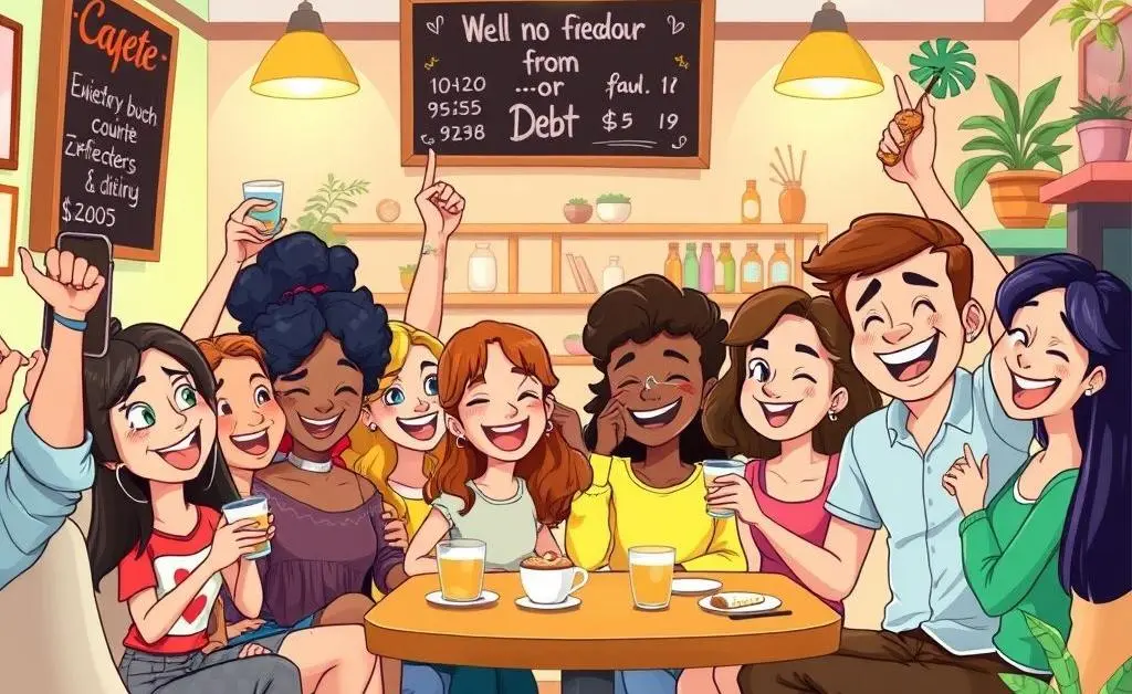A cartoon-style group of friends at a cafe celebrating being debt-free.
