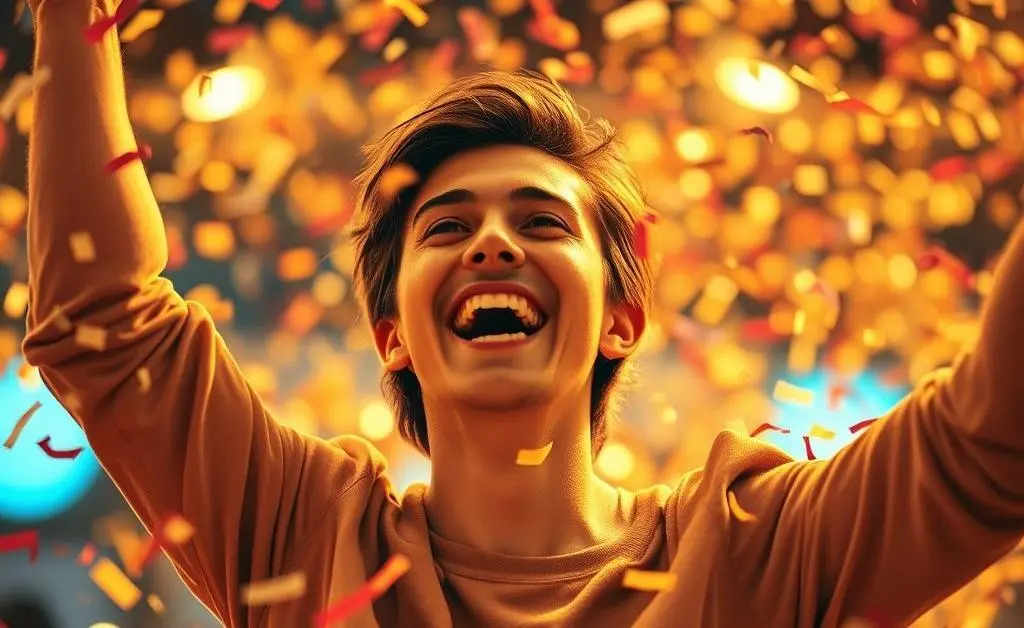 A person celebrating becoming debt-free, surrounded by bursting confetti and a positive, hopeful vibe.