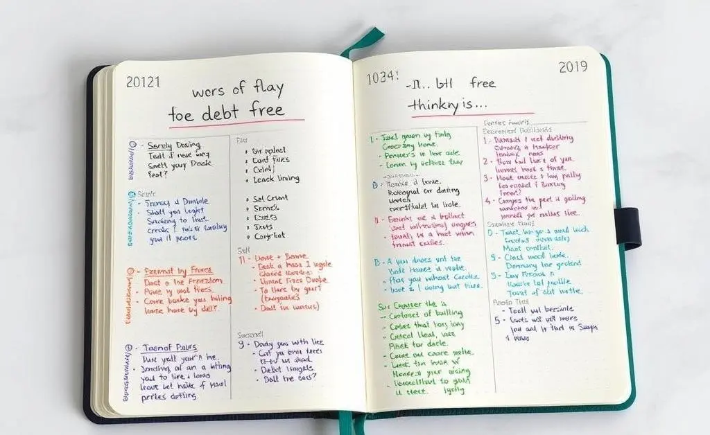Bullet journal with colorful notes and goals for becoming debt-free.