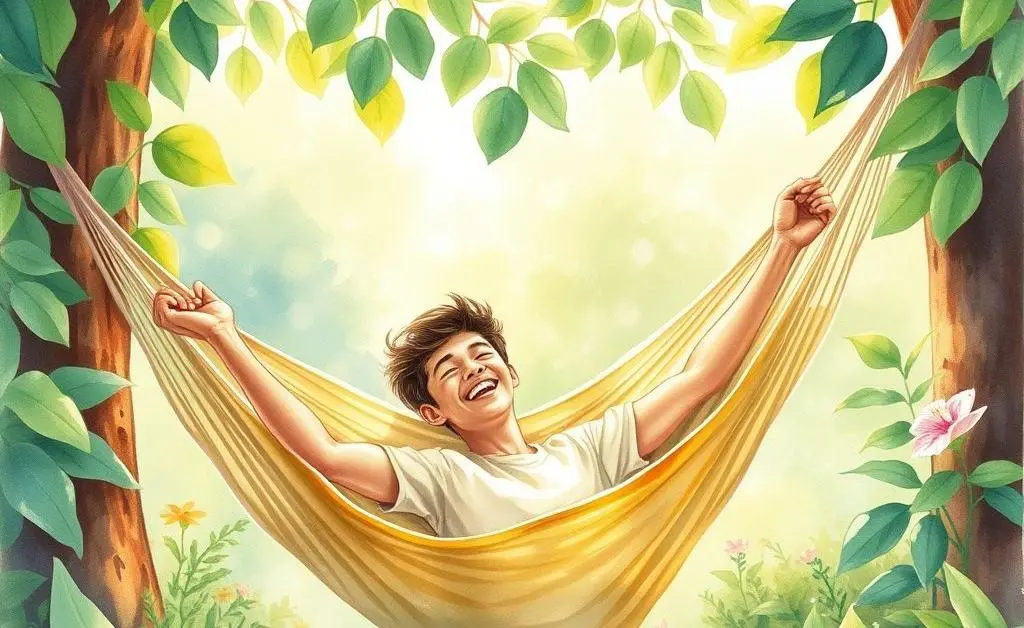 A cartoon illustration of a person relaxing in a hammock, symbolizing debt freedom.