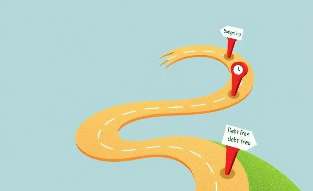 Pathway journey to financial freedom with milestones like budgeting and debt-free.