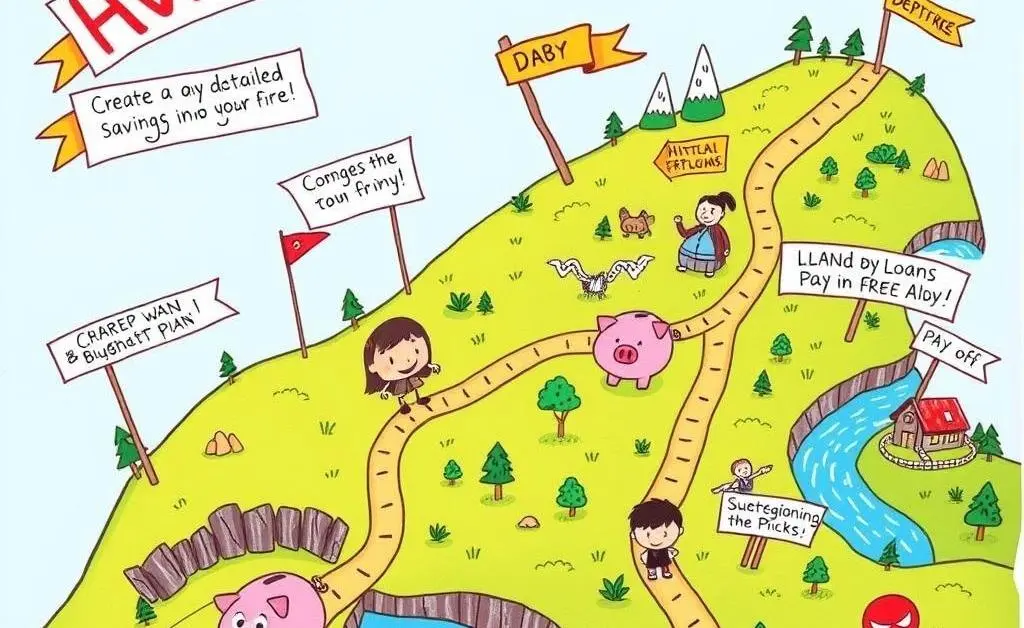 A cartoon-style roadmap illustrating a person's journey towards being debt-free, with milestones like budgeting, saving, and paying off loans.