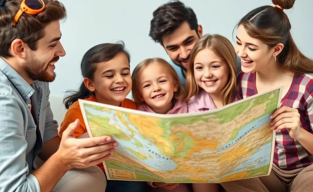 A joyful scene of a family planning a vacation with a map and a piggy bank.