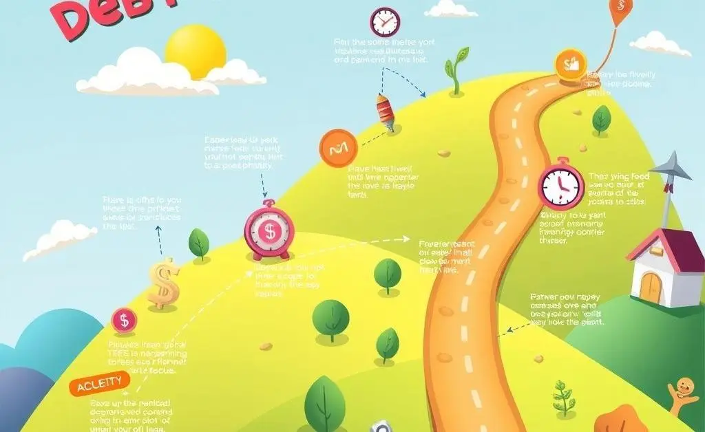 Cartoon of a roadmap illustrating steps to becoming debt-free, with icons for goals, payments, and timelines