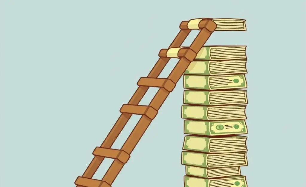 A cartoon ladder made up of stacked dollar bills and coins, symbolizing climbing out of debt.