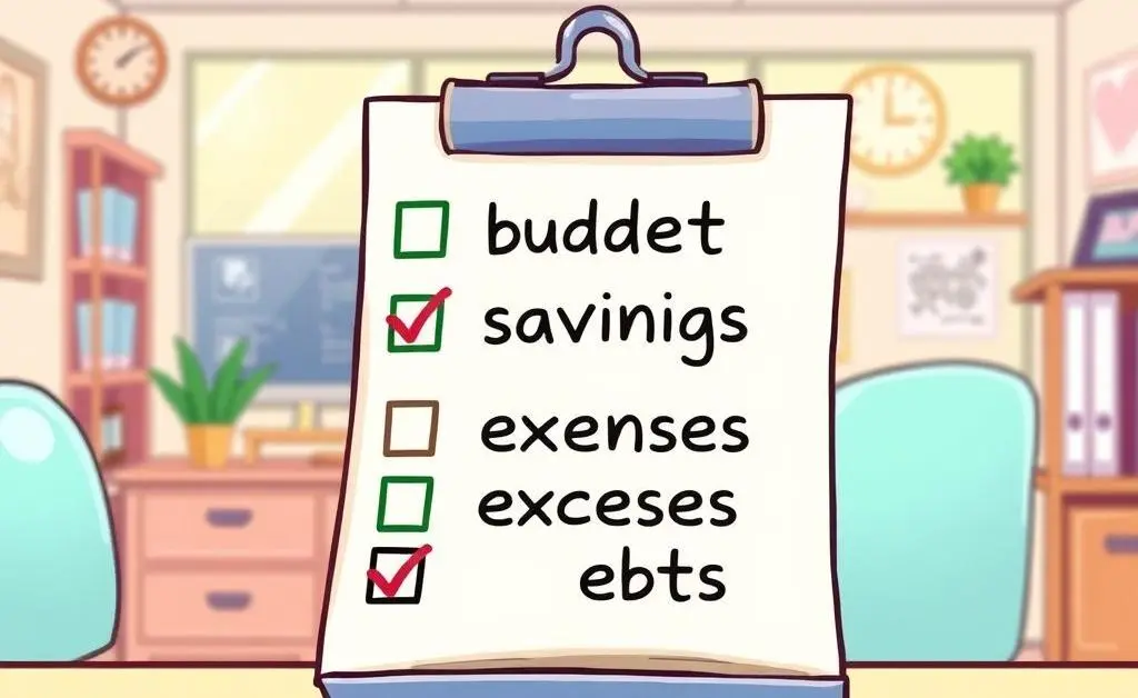 Checklist for managing debt with items like budget, savings, expenses, and debts