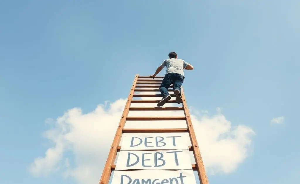 A person climbing a ladder labeled with 'Debt Management', reaching towards clearer skies.