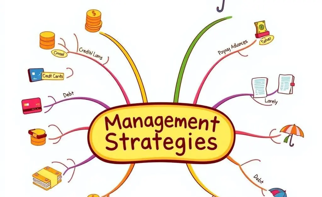 Illustration of a mind map labeled 'Debt Management Strategies'.