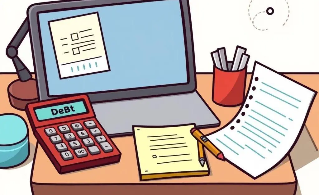 Debt management tools like a calculator and notepad on a desk