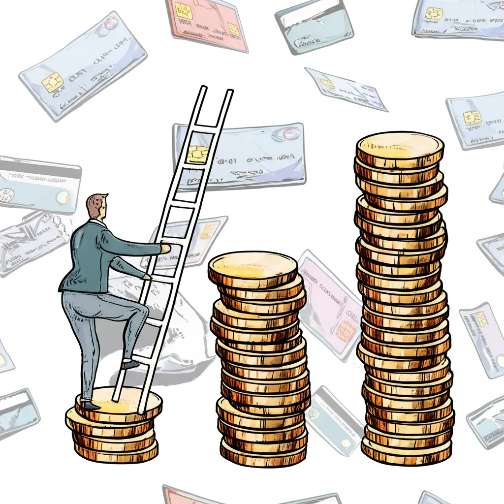Person climbing a ladder of coins with credit cards in background