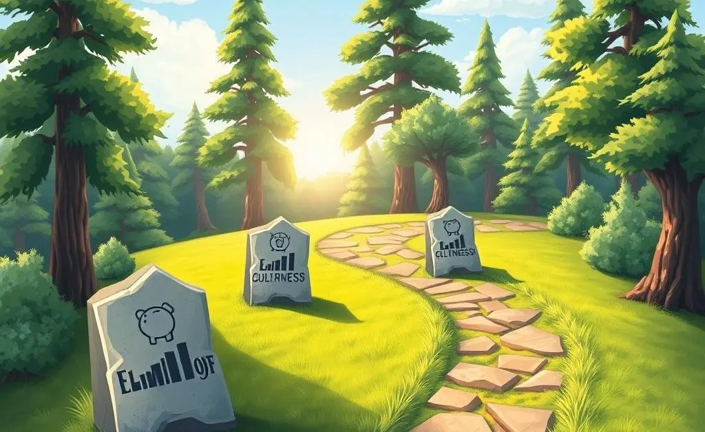 A pathway with milestones representing steps in paying off debt.
