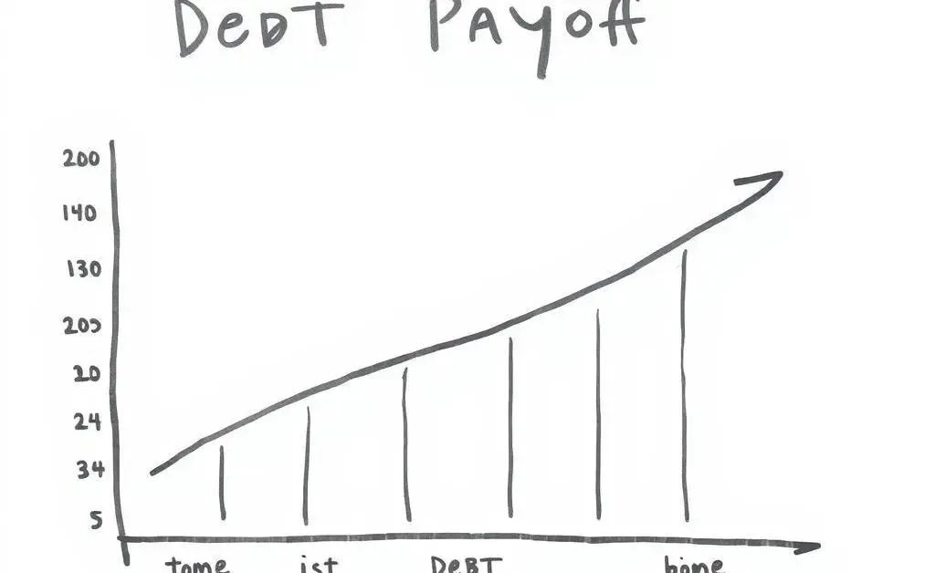 A hand-drawn style visualization of a debt payoff chart showing decreasing debt over time.