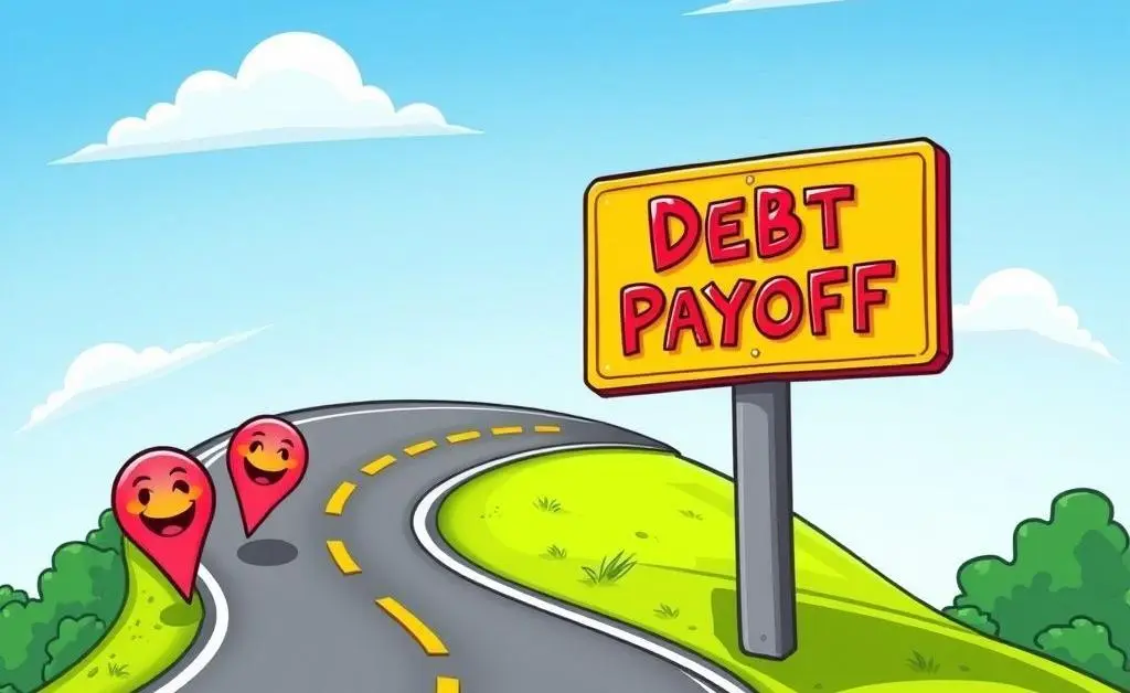 A journey on a road labeled 'Debt Payoff' with cheerful markers