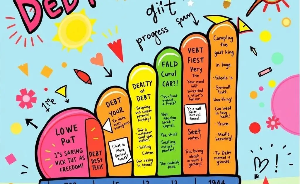 A debt progress tracker filled with colors and motivational notes
