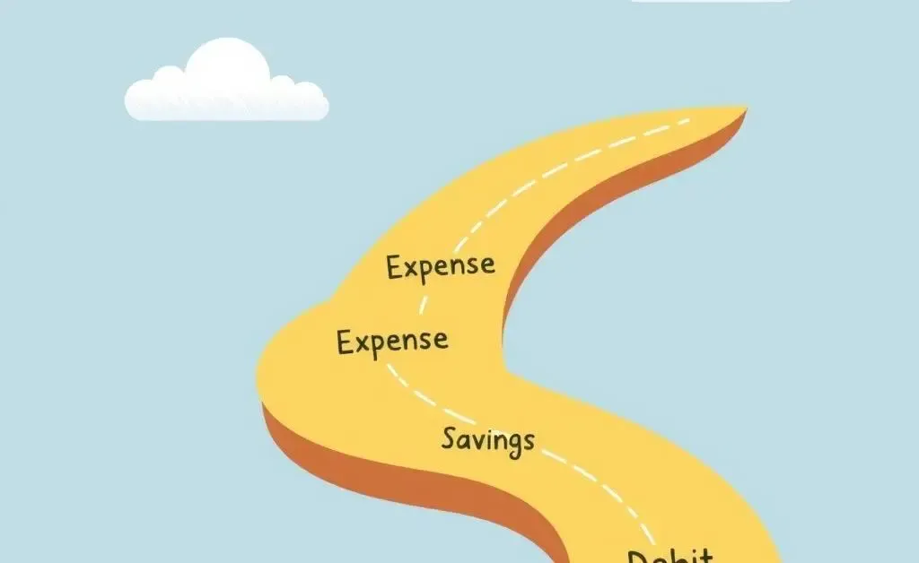 A roadmap with steps labeled 'Income', 'Expenses', 'Savings', 'Debt'