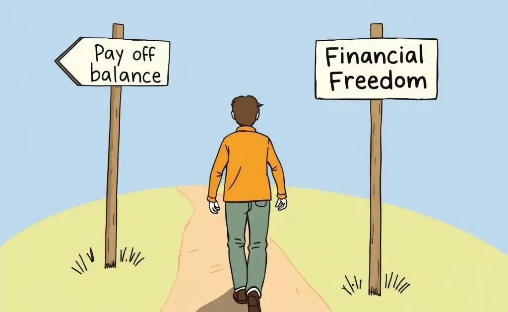 An illustration of a person walking along a path with signposts labeled 'Pay Off Balance' and 'Financial Freedom'.