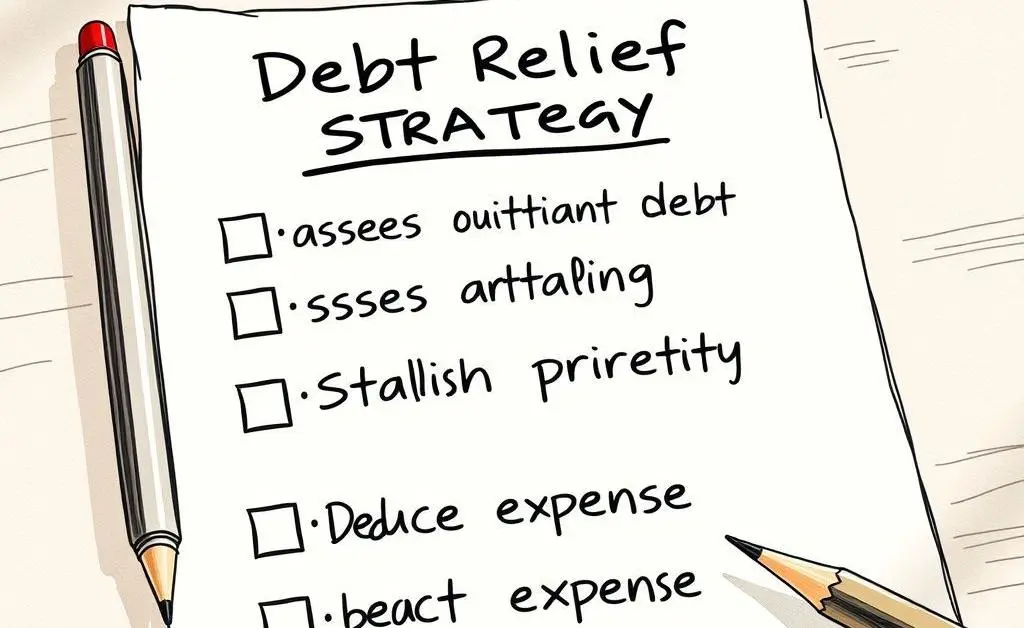 Hand-drawn illustration of a checklist titled 'Debt Relief Plan' with boxes showing steps like 'Analyze Debt', 'Set Priorities', and 'Cut Expenses'.