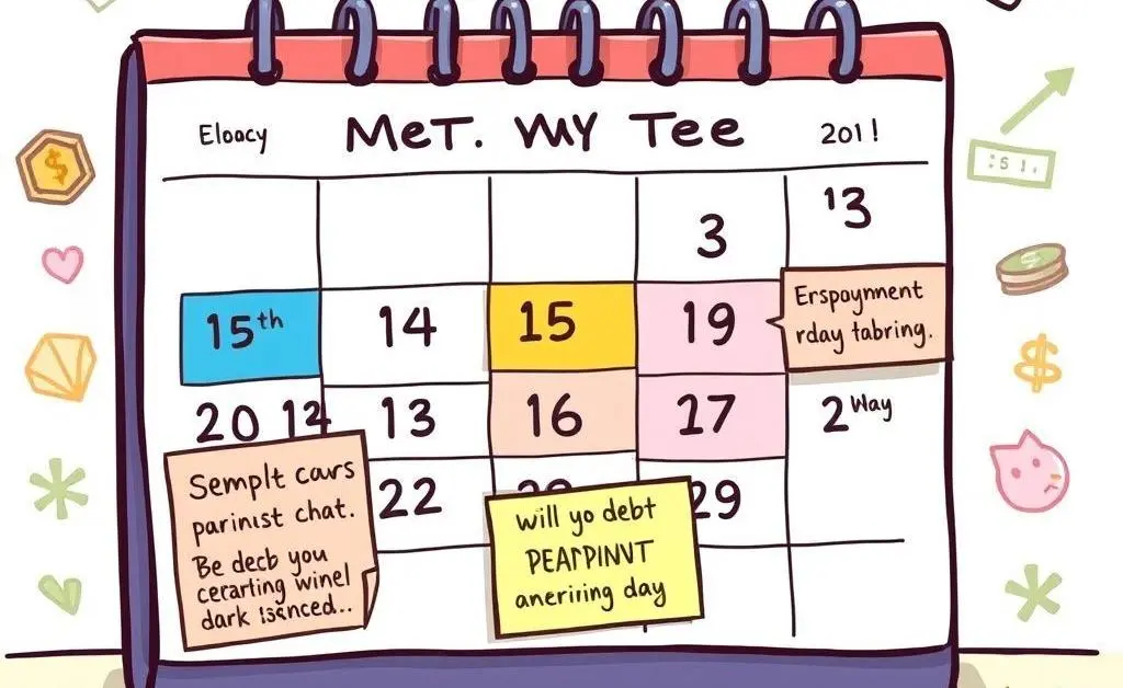Cartoon-style calendar with marked dates and notes related to debt repayment.
