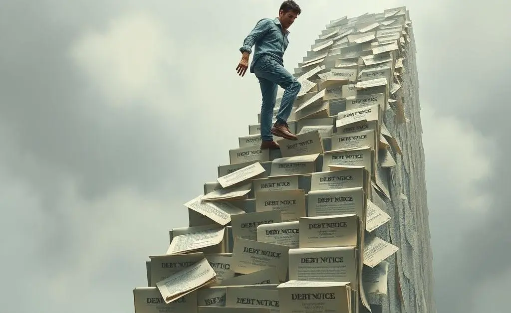 Person climbing a staircase made of debt notices.