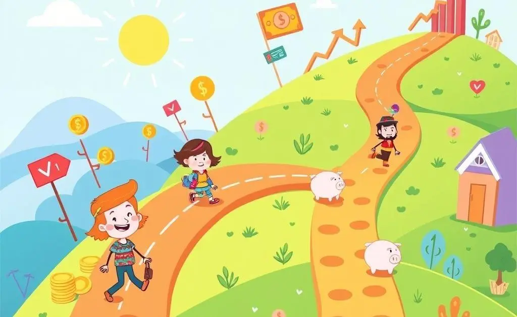A cartoon-style roadmap showing a journey from debt to financial stability with happy characters.