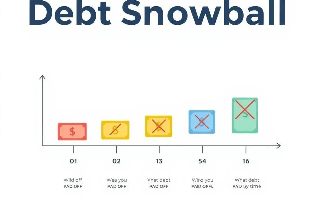 A chart illustrating the debt snowball method with bills being paid off one by one.
