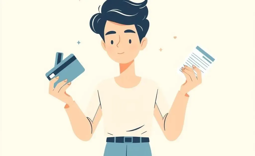 Minimalist illustration of a person juggling several credit cards and loan documents