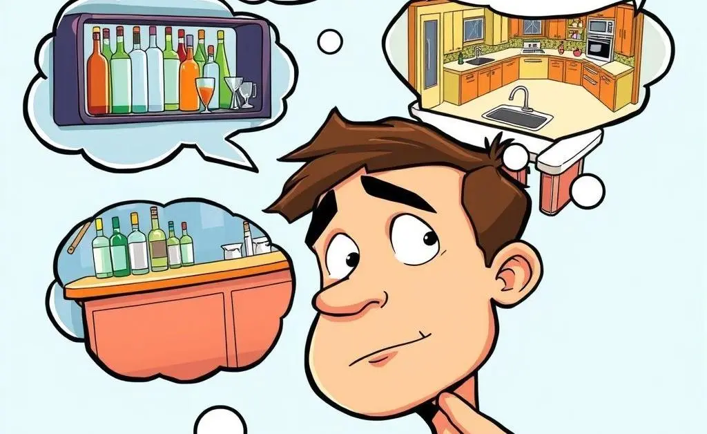 Cartoon of a person thinking, with thought bubbles showing a wet bar and a full kitchen.