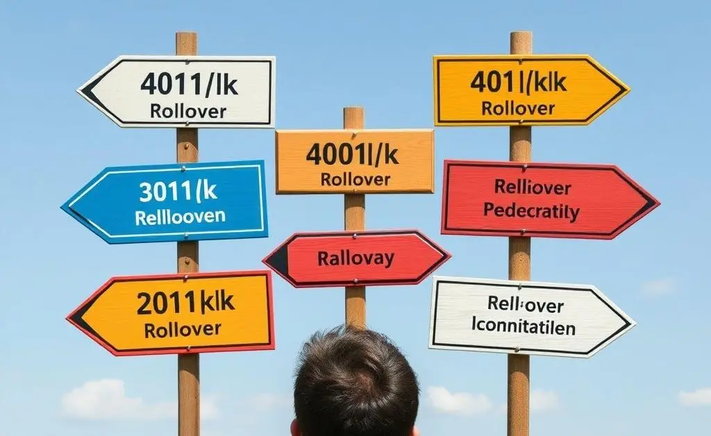 A person looking at different pathway signs portraying different 401(k) rollover options.