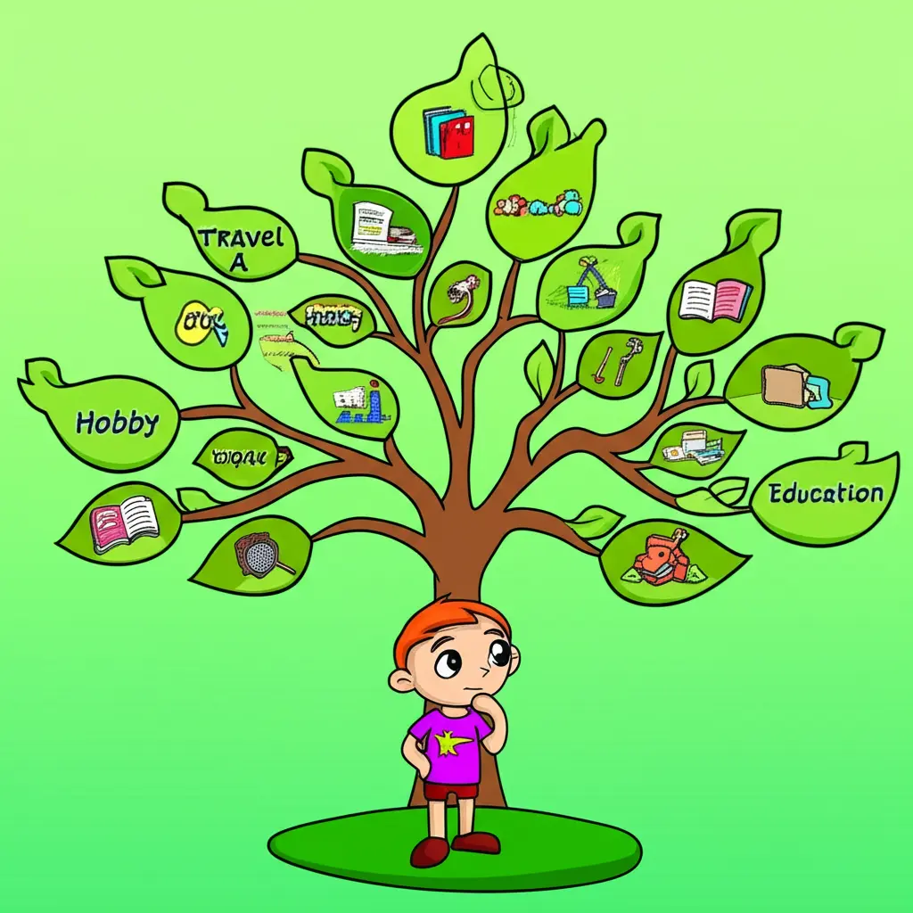 A cartoon character standing in front of a decision tree with various life choices.