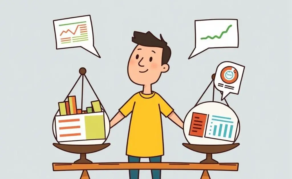 Person balancing different data sources on a decision-making scale