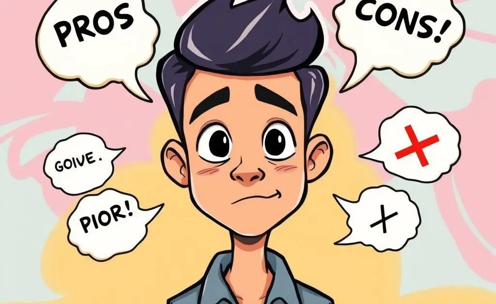 Cartoon-style image of a person with thought bubbles showing pros and cons of moving