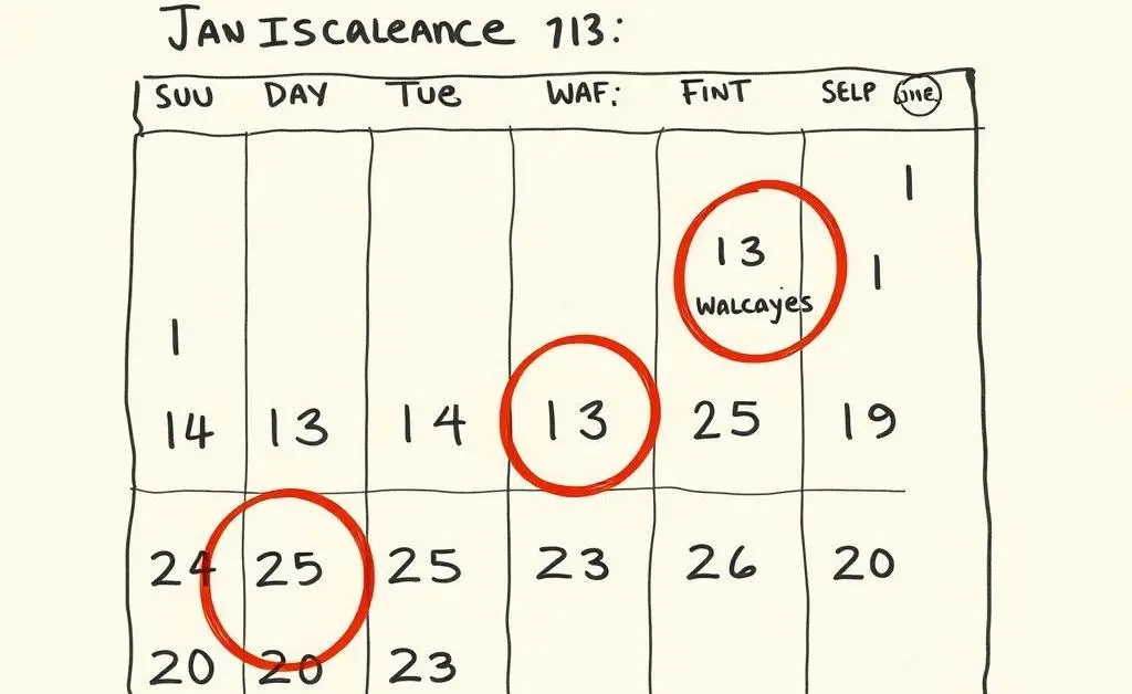 A hand-drawn style calendar showing important insurance claim dates encircled