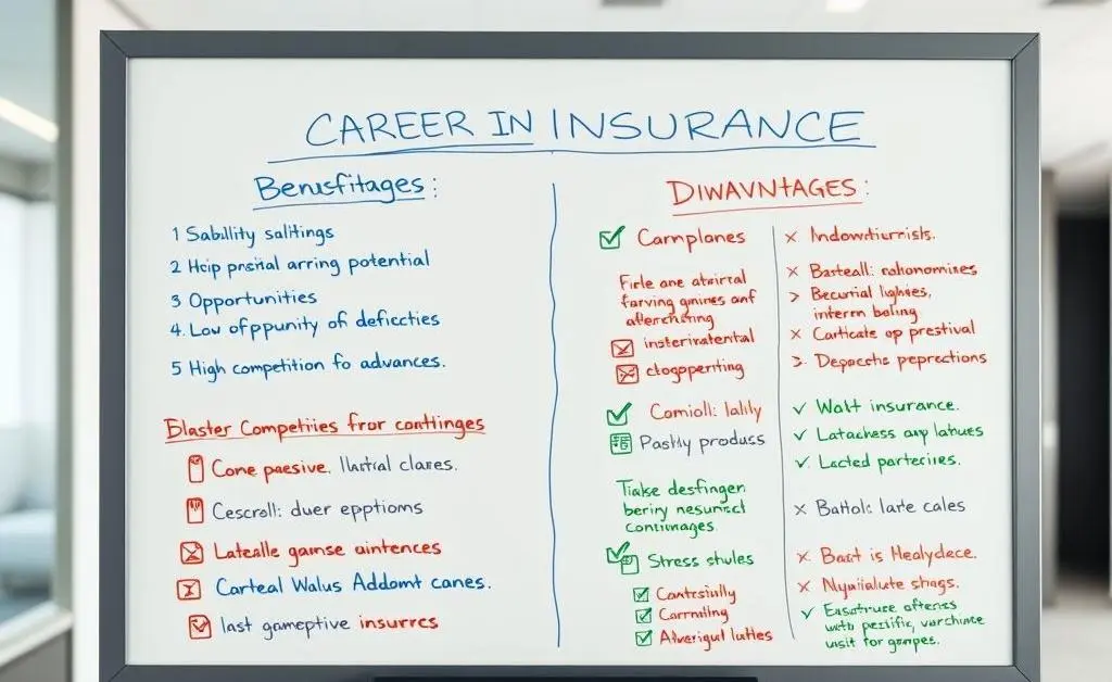 Decision-making chart with pros and cons of insurance careers on a whiteboard