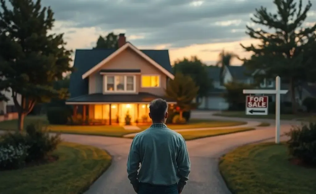 A person at a crossroads between staying in a home and selling it.