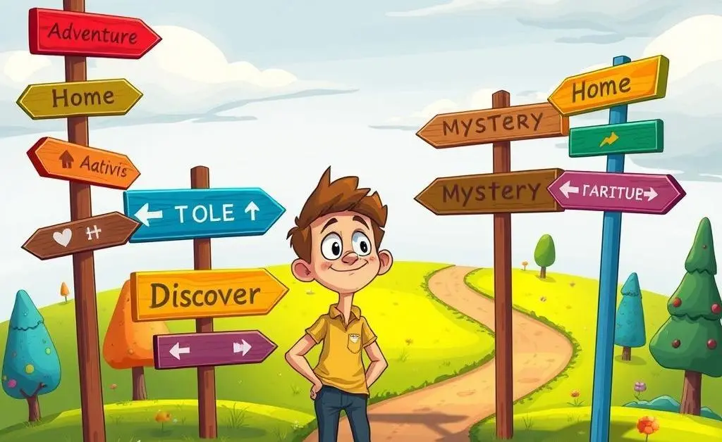 A person standing at a crossroads with multiple signposts suggesting different directions.