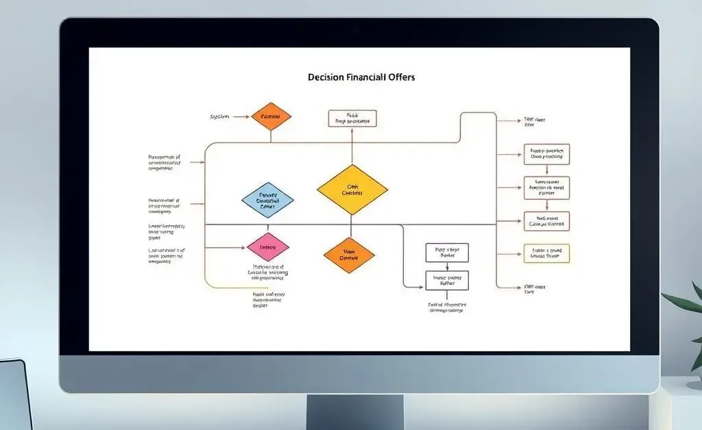 Illustrated flowchart on a computer screen demonstrating a decision-making process for financial offers.