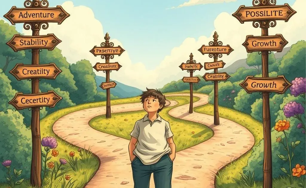 A person at crossroads with decisions representing life choices