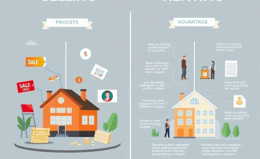 An infographic showing pros and cons of selling vs renting property